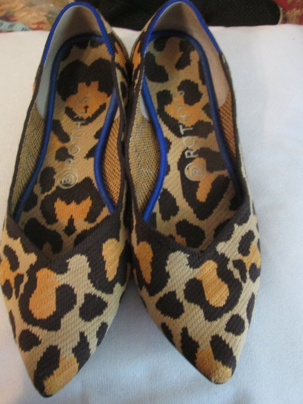 Rothy's Leopard Print Pointed Toe Flats with Blue Trim
